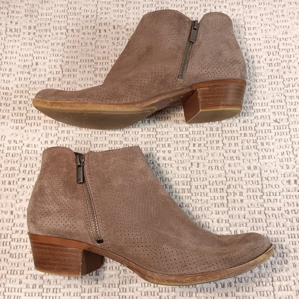 READ! Lucky Brand women's perforated suede leather double zipper ankle booties
